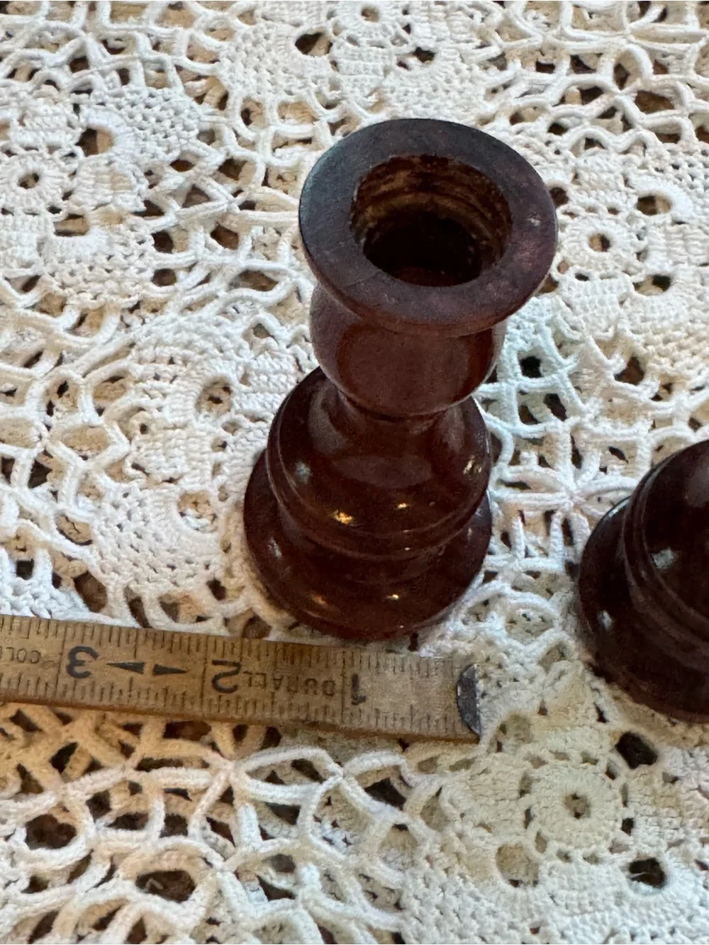 Vintage Glossy Brown Wood Candlestick Pair